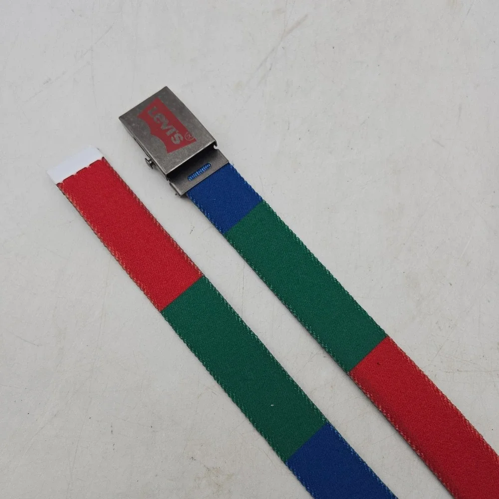 Levi's Belt Red Blue Green Colorblock Woven Stretch Mens 30 Gunmetal Buckle
